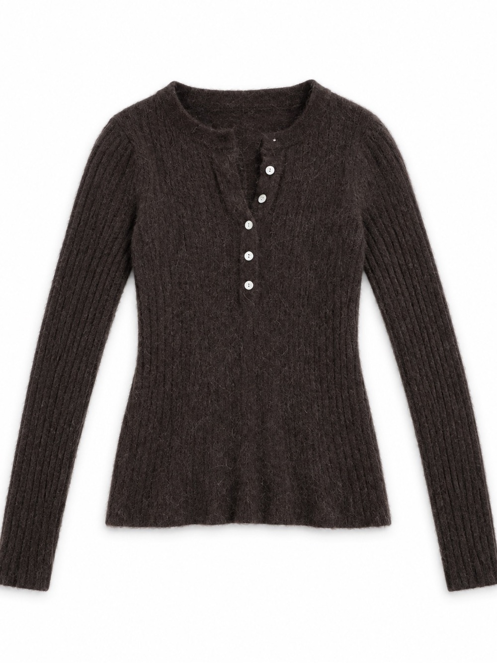Madewell Chocolate Brown Alpaca Blend Ribbed Henley Sweater dark brown